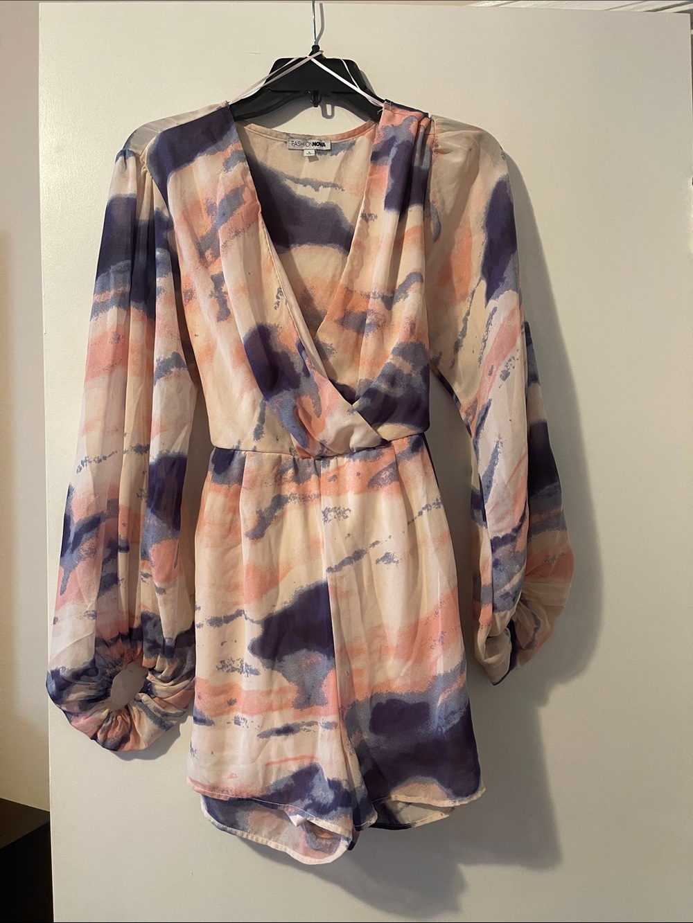 Fashion Nova Watercolor Surplice Long Sleeve Romper in Peach, Purple, Cream
